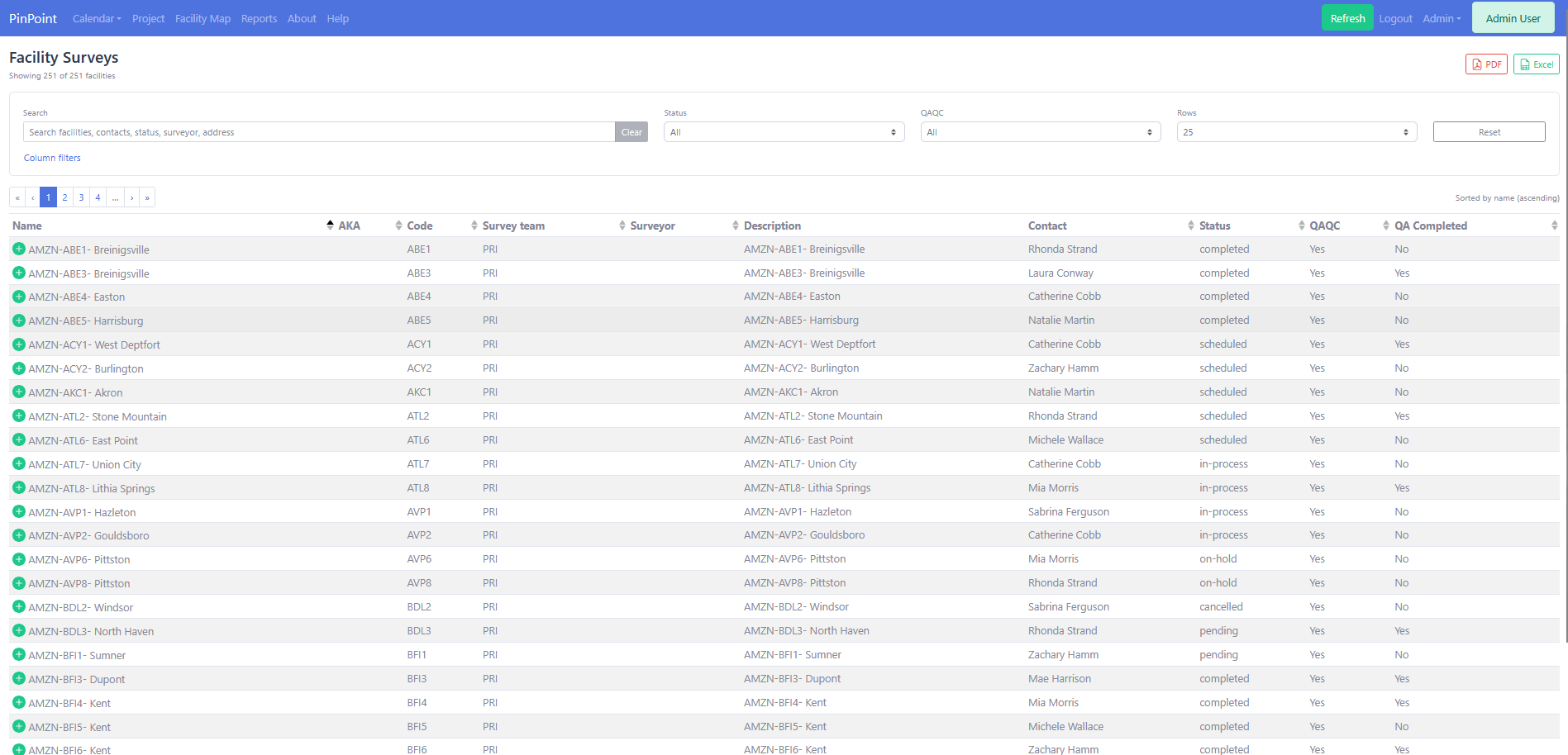 PinPoint facility survey list with search, status filters, pagination, PDF export, and Excel export.