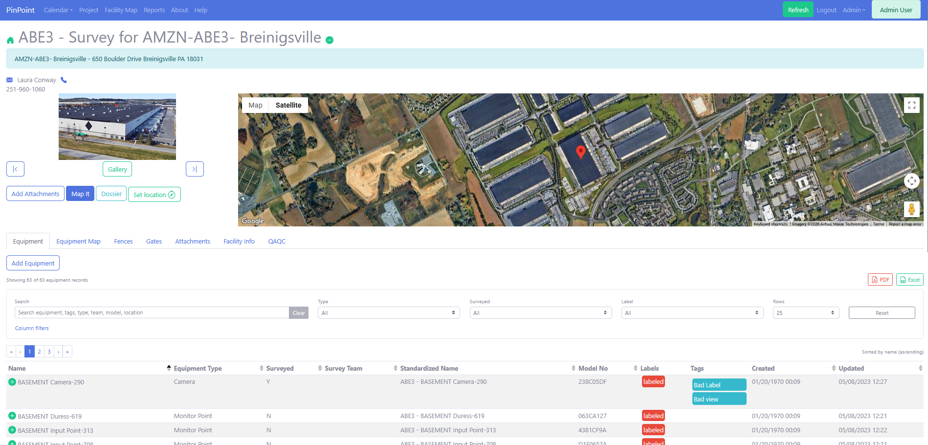 PinPoint facility detail page with equipment map and security equipment markers over satellite imagery.
