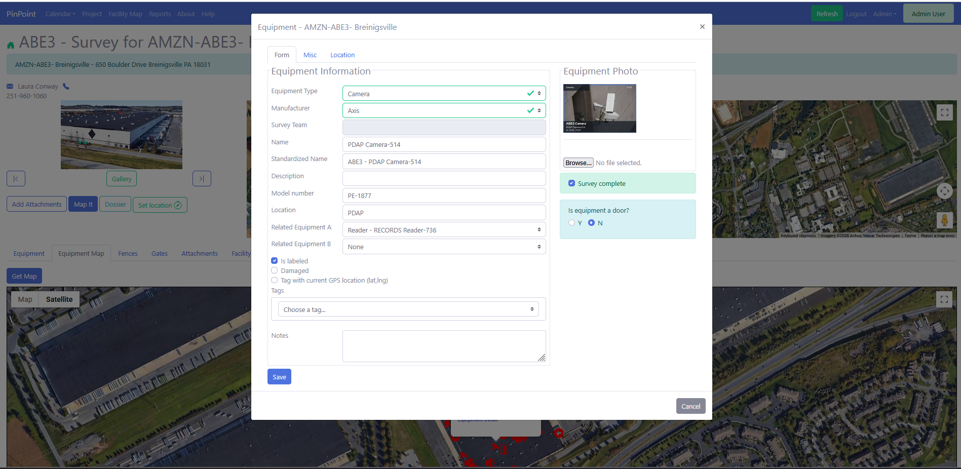 Equipment edit modal with equipment information, photo, survey completion, labels, tags, and notes.