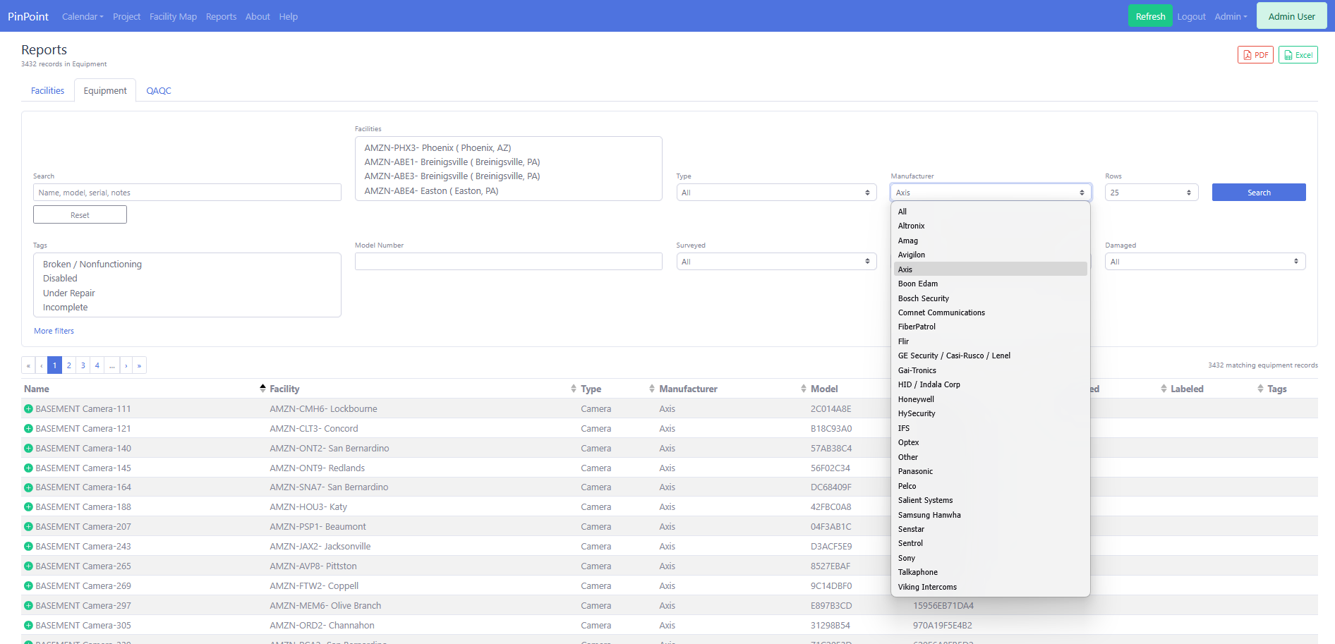 Equipment report with advanced filters, manufacturer selection, tags, and matching equipment records.