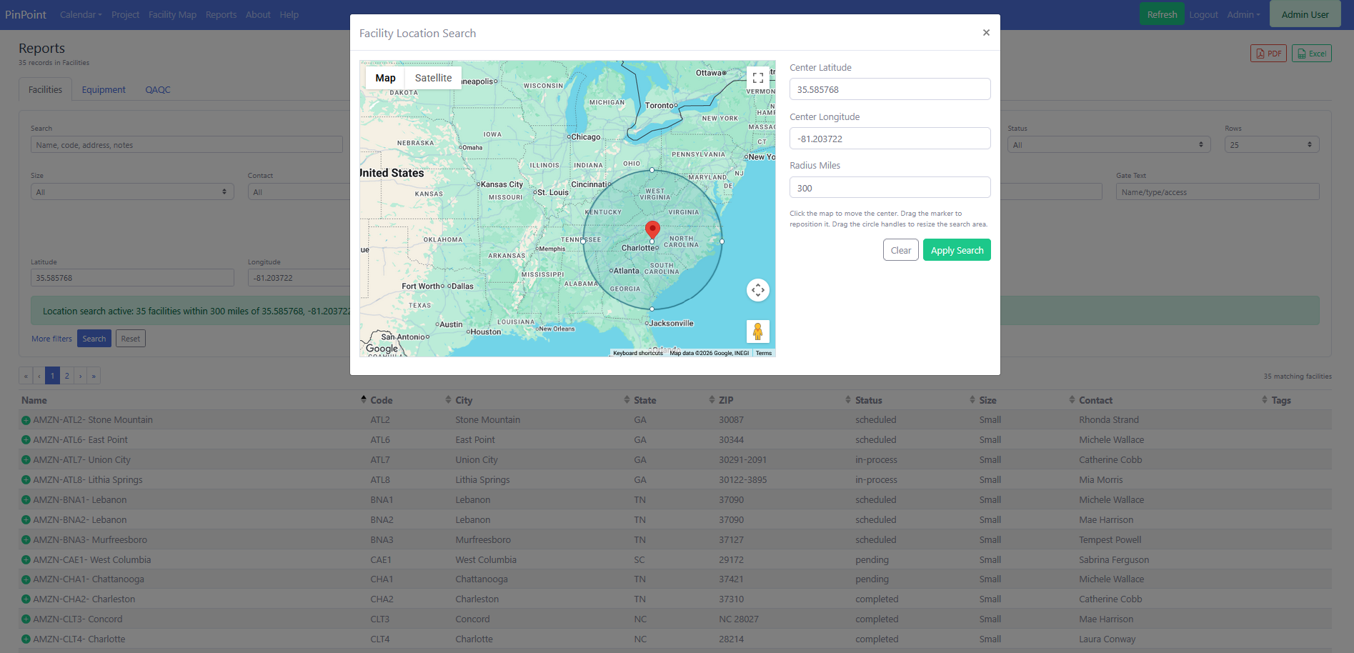 Location radius search modal for finding facilities within a selected map radius.
