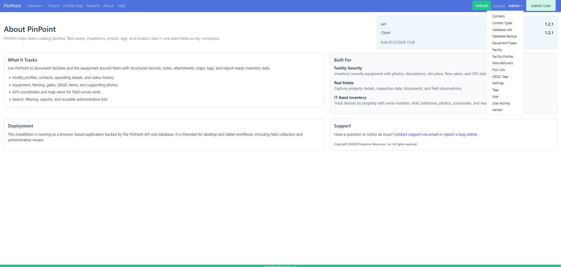 About PinPoint page showing deployment, support, admin navigation, API and client version details.
